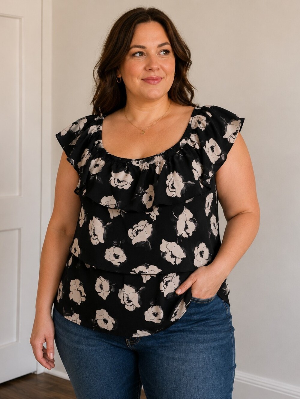 White House Black Market Floral Ruffle Blouse